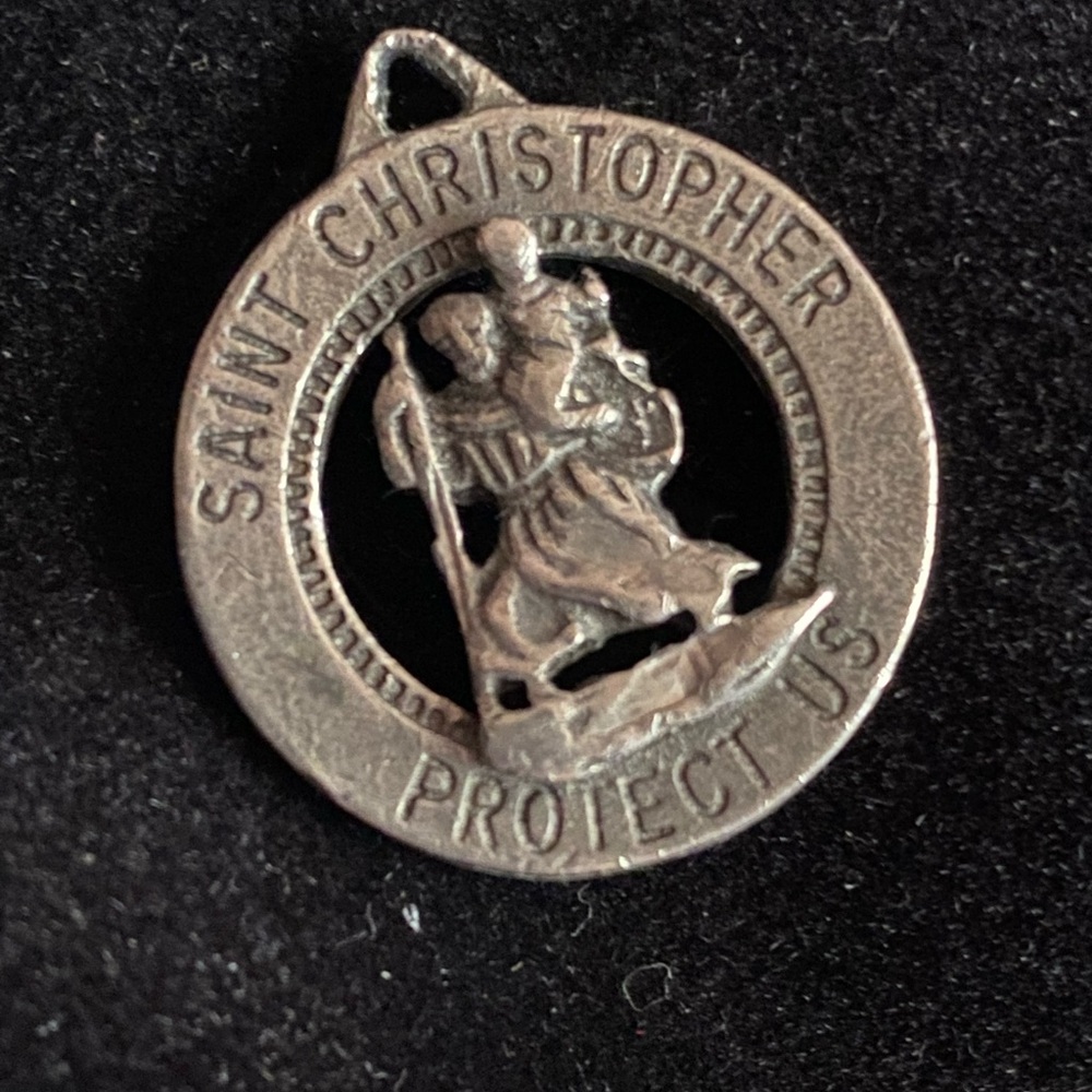 Antique 1960’s Pewter Raised Relief Saint Christopher Protect Us Pendant